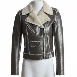 DENIM & SUPPLY Sz M Metallic Sherpa Lined Moto Style  Zipper Snap Closure Jacket